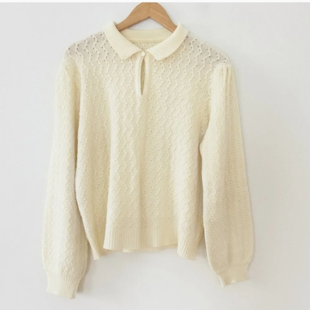 Vintage Inspured Retro Academia Office Cream Zig Zag Knit Wide Sleeve Sweater XL